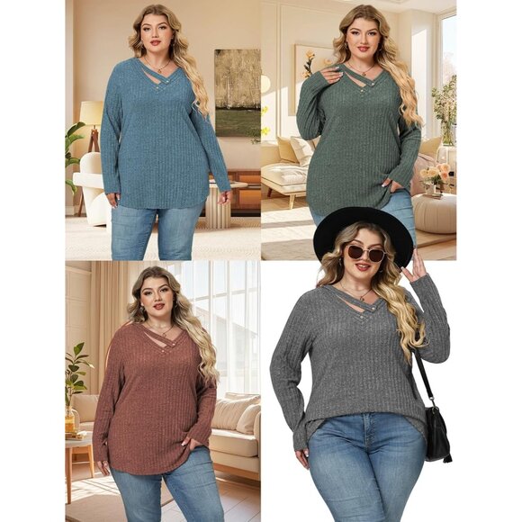 Plus Size Women's Knitted V Neck Top Long Sleeve Casual Blouse - Picture 6 of 7